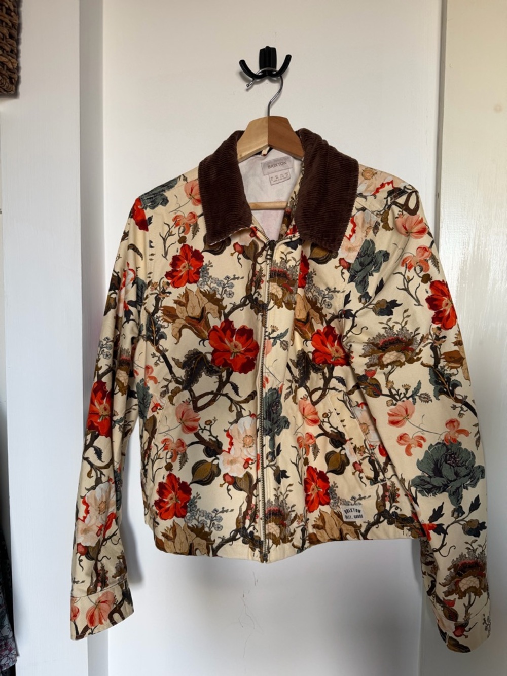 Brixton Cream Floral Bomber Jacket with Brown Corduroy Collar